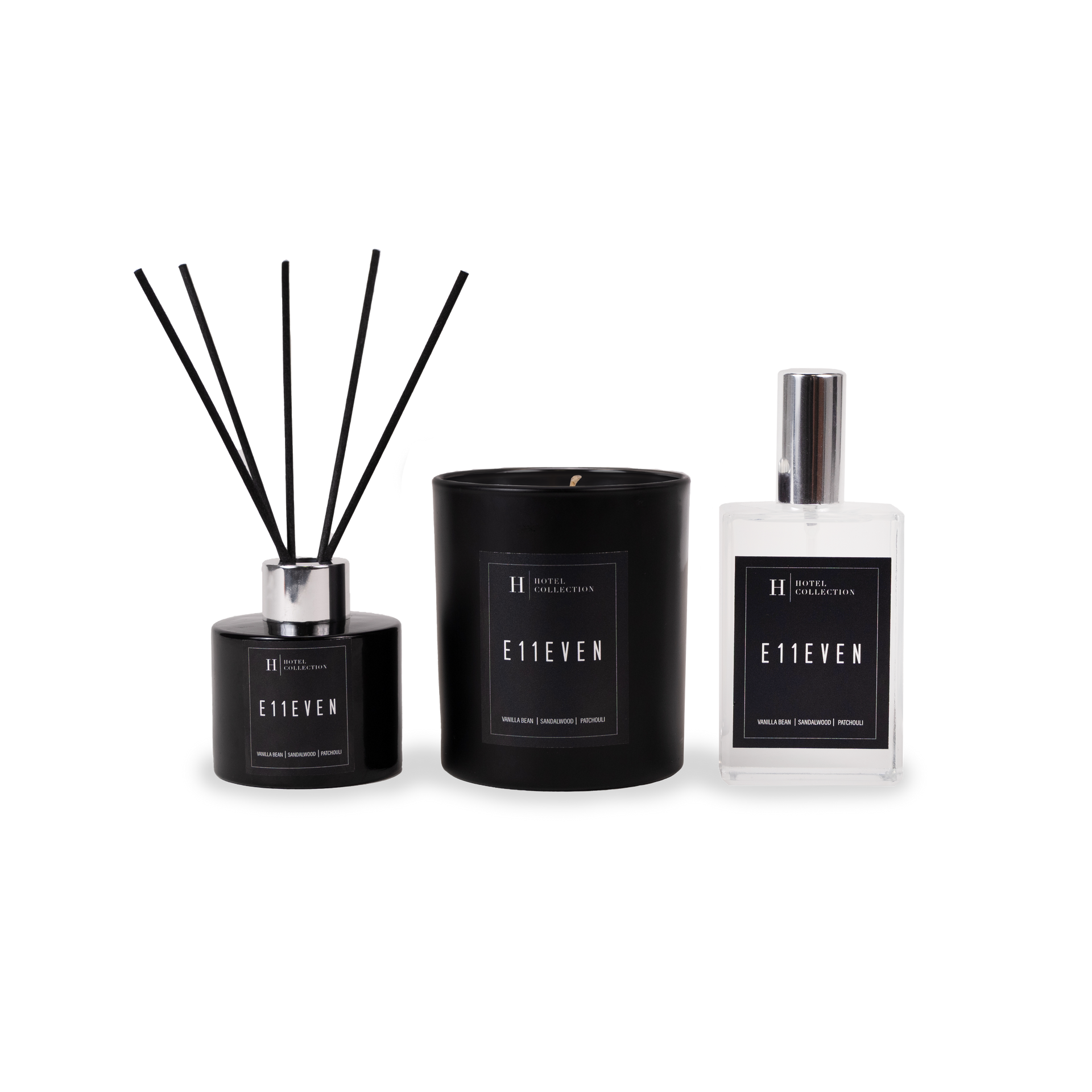 A candle , reed diffuser , and perfume bottle on a white background