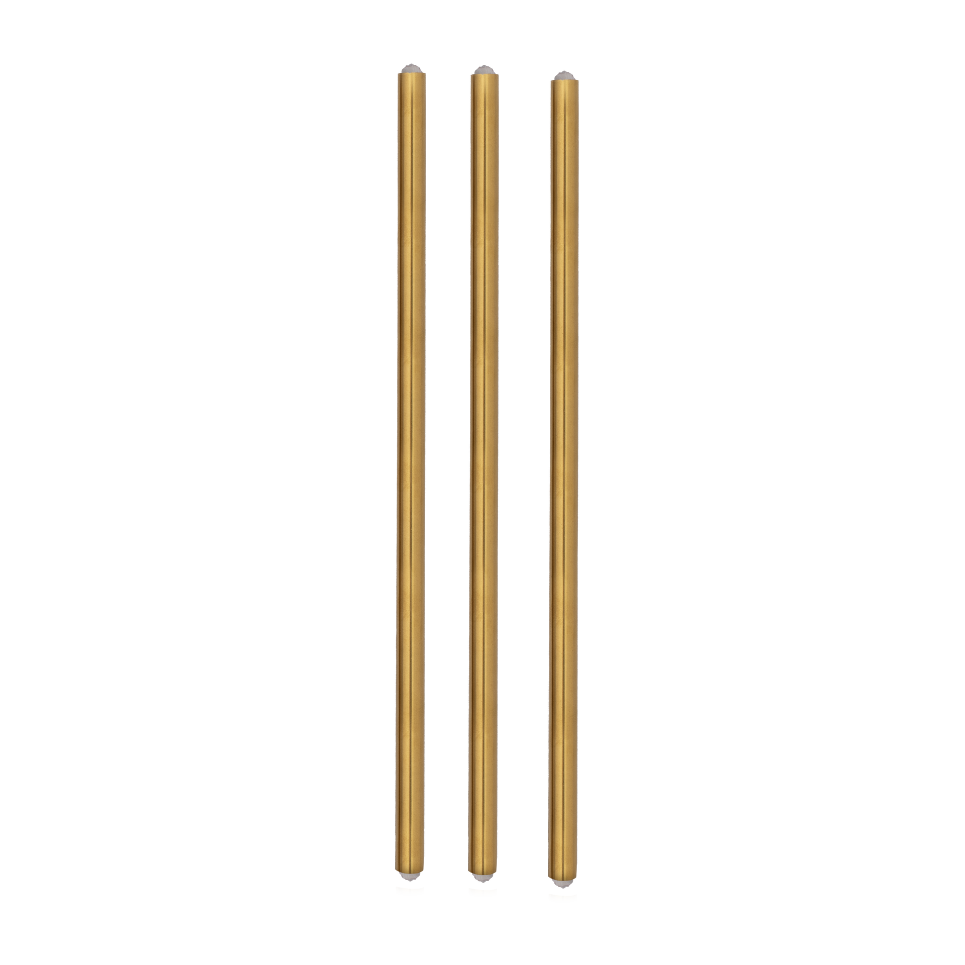Three wooden sticks are lined up in a row on a white background.