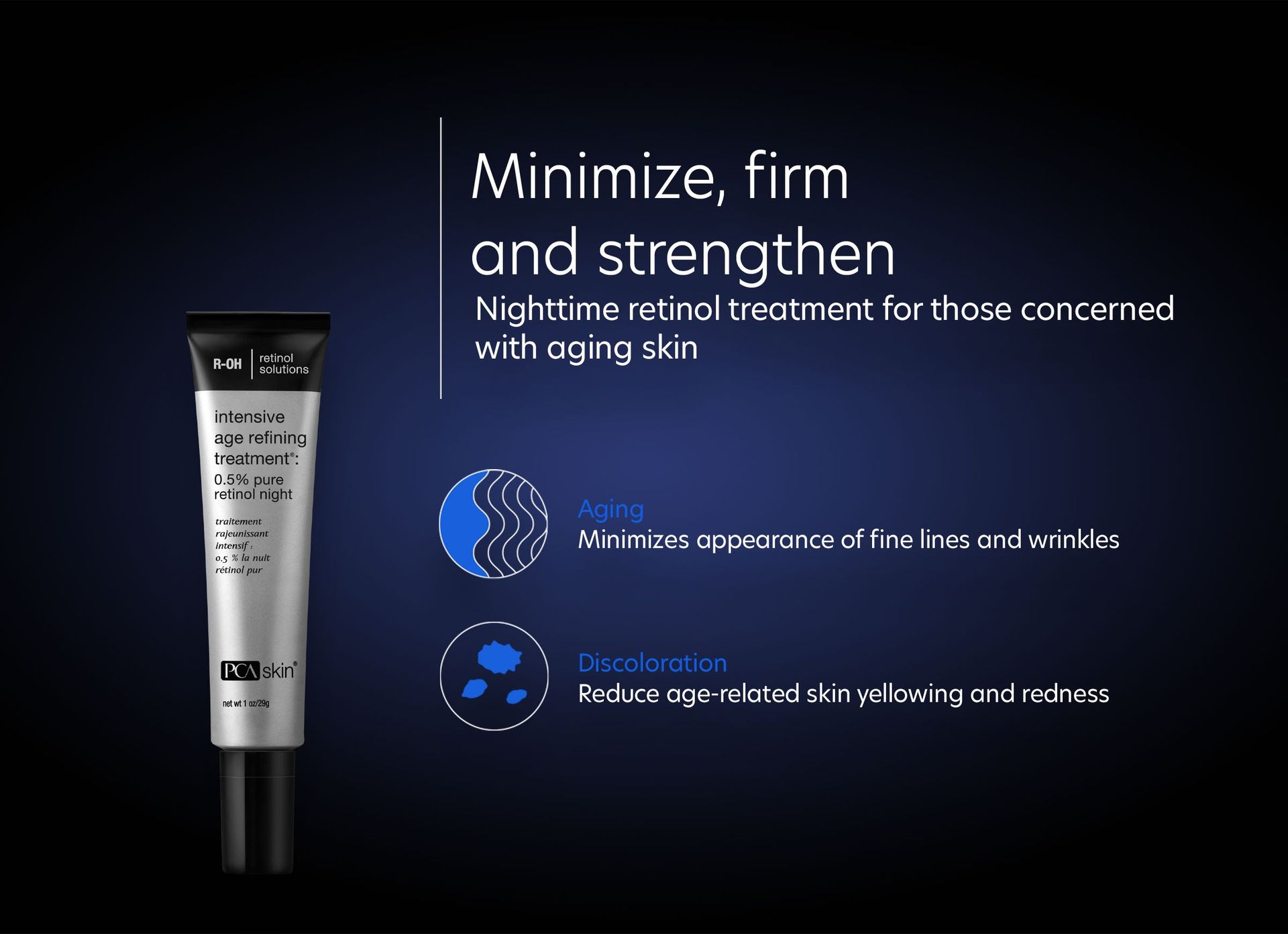 A tube of minimize firm and strengthen nighttime retinol treatment for those concerned with aging skin