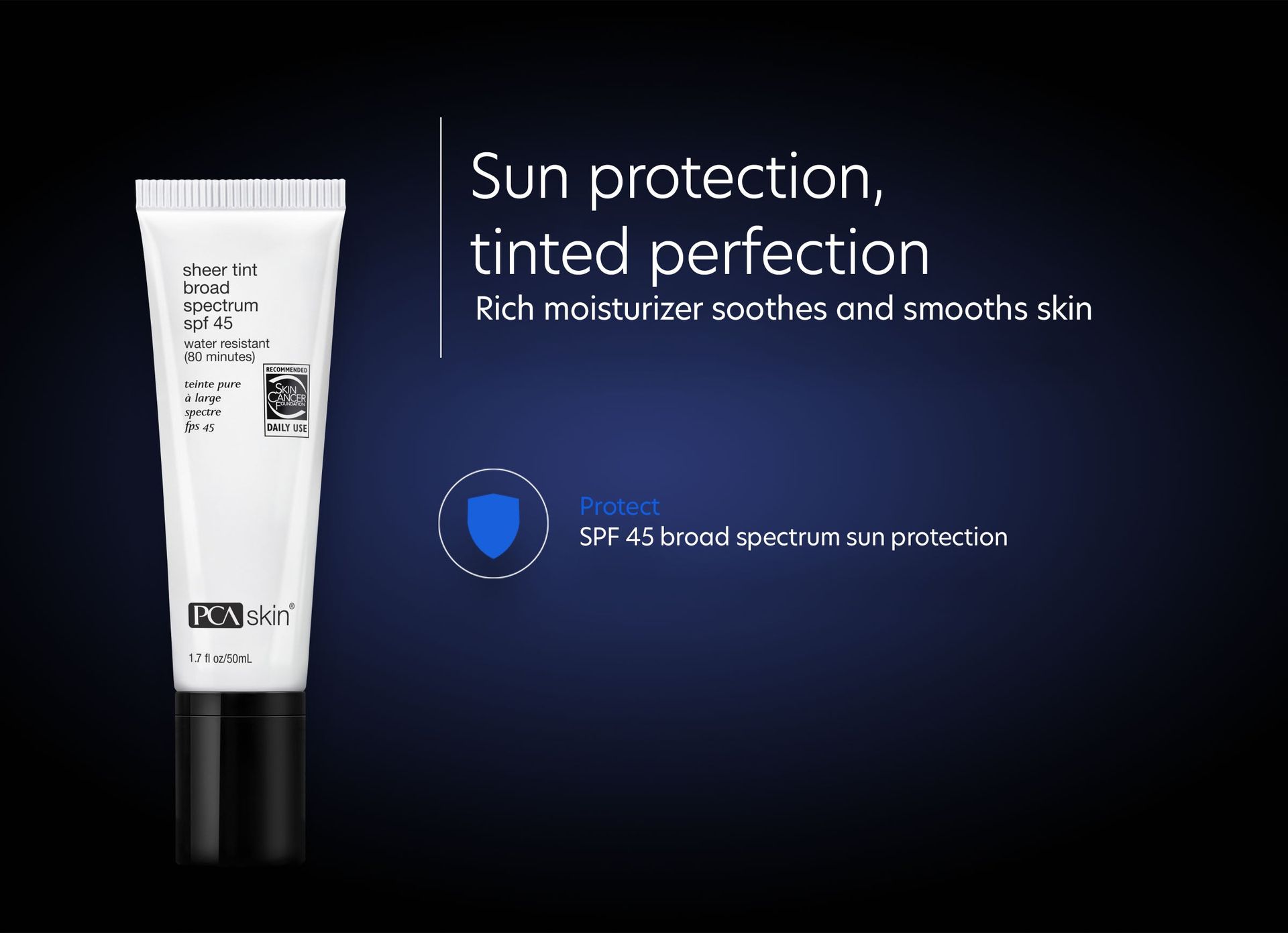 A tube of sun protection and tinted perfection on a blue background