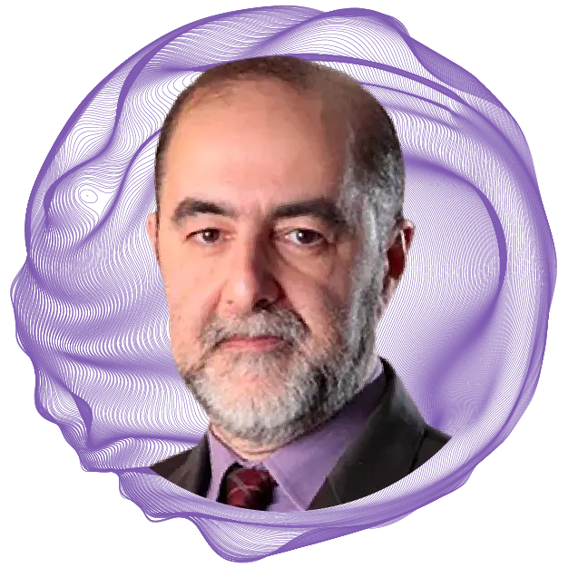 Um homem com barba está em um círculo roxo