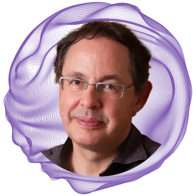 Um homem de óculos está dentro de um círculo roxo