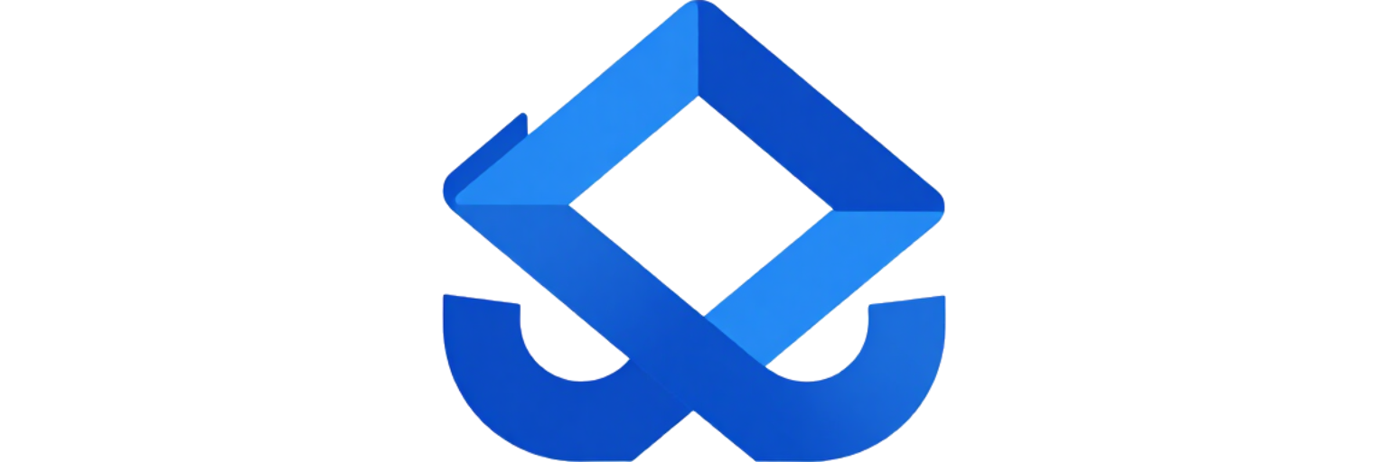 A blue, stylized geometric logo resembling an abstract house or a box shape made of two interlocking ribbon-like paths.