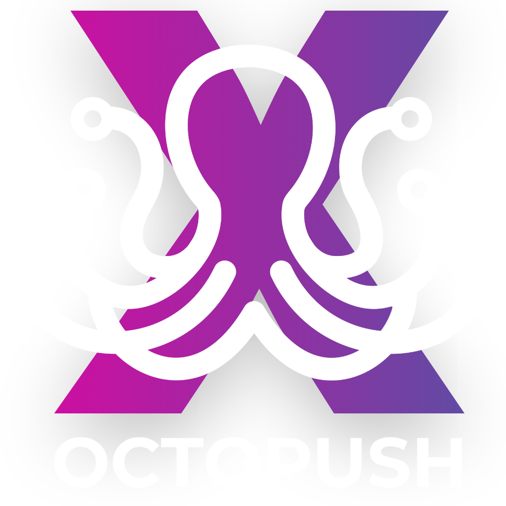 A white line drawing of an octopus centered over a purple and pink gradient letter X, with the text OCTOPUSH below.