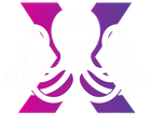 Abstract purple and magenta logo with mirrored curved shapes on a white background
