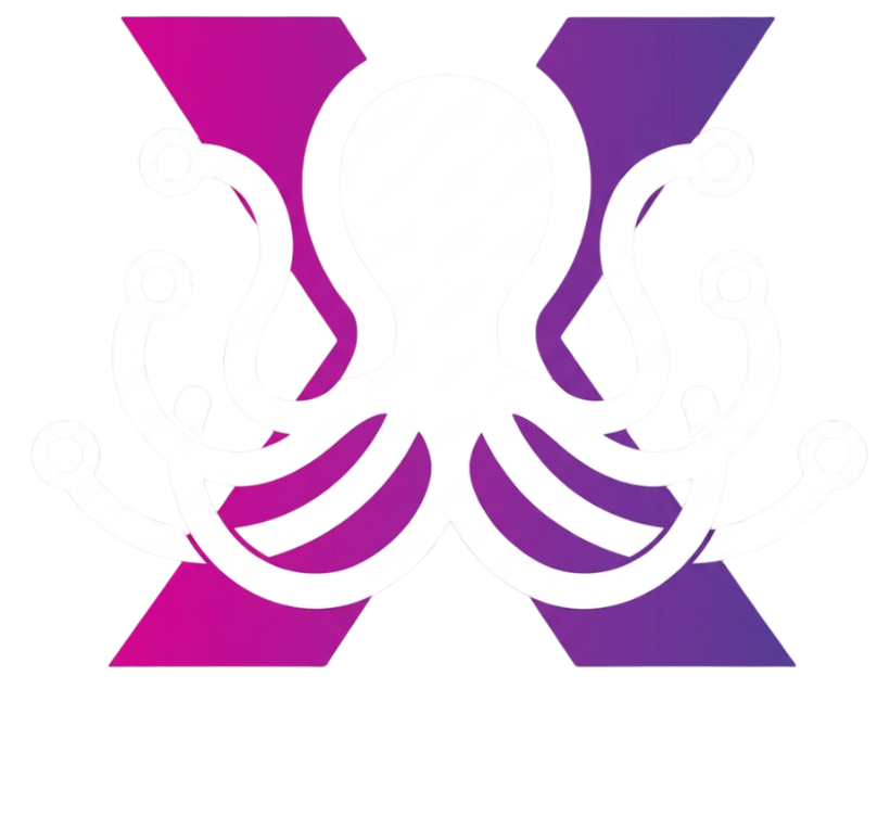 A white line drawing of an octopus centered over a purple and pink gradient letter X, with the text OCTOPUSH below.