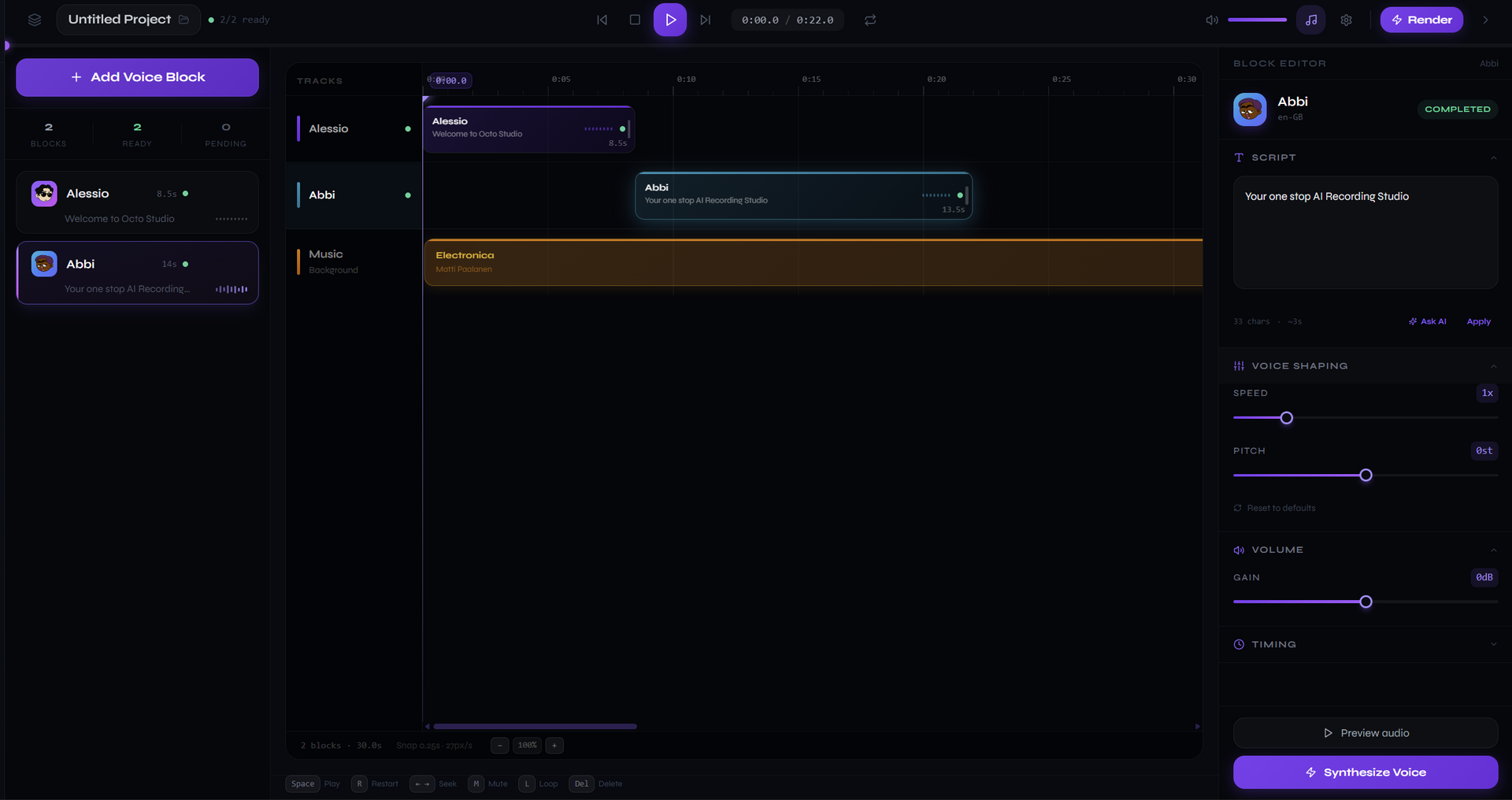 Dark-themed web editor dashboard with purple accents, side panels, and a central timeline/workspace view