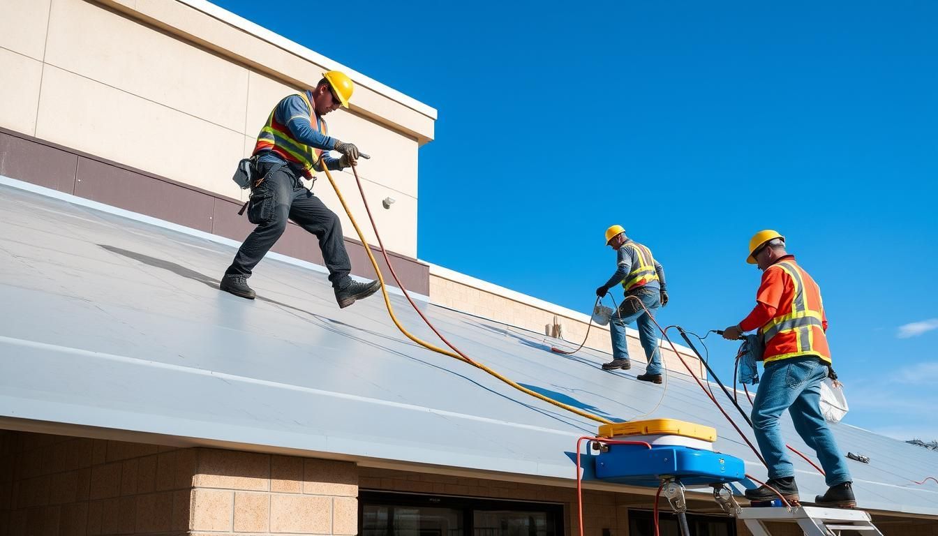 elastomeric roof coating being applied