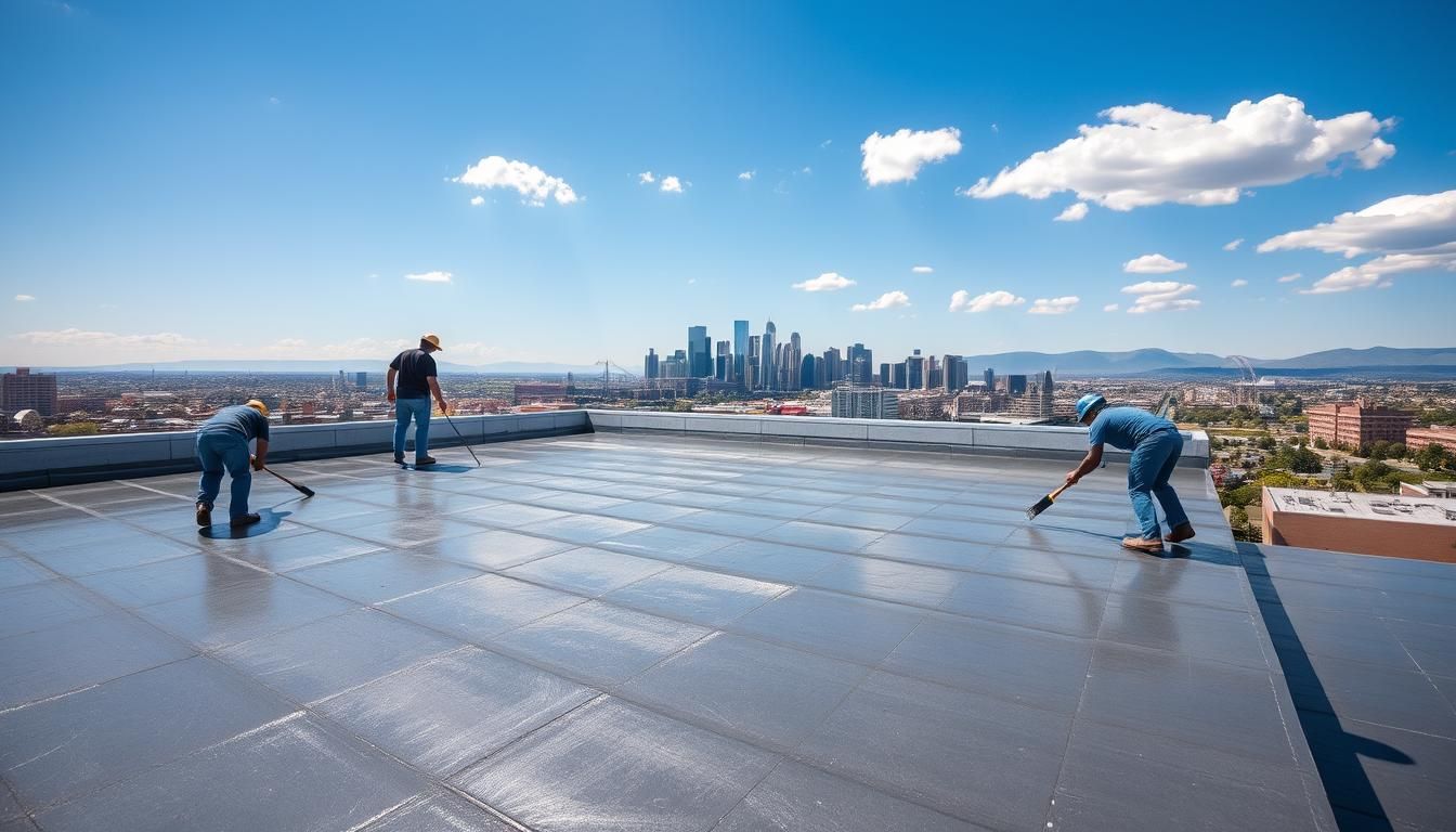 A sunny afternoon in Denver, a flat roof awaits its transformation. Skilled workers from Archibeque Roofing meticulously apply a shimmering silicone coating, enhancing the roof's resilience against the elements. The coating's glossy finish reflects the vibrant cityscape, while its superior insulating properties promise energy savings for the property owners. In the foreground, the workers' careful brushstrokes create a seamless, protective barrier, safeguarding the building from the harsh Rocky Mountain climate. The middle ground showcases the roof's sleek, modern aesthetic, blending harmoniously with the surrounding architecture. In the distance, the panoramic view of Denver's skyline sets the stage, underscoring the benefits of this premium silicone solution for local properties.