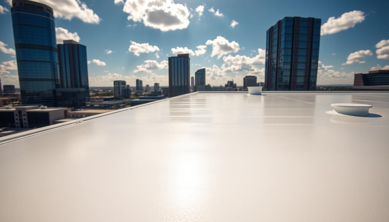 A white roof with a city skyline in the background.
