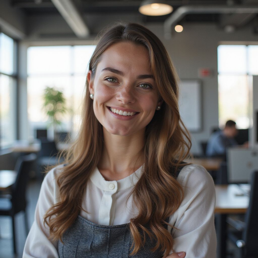Woman with long brown hair smiles in office setting.