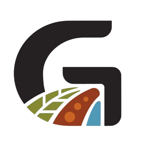 Stylized black “G” logo with green, orange, and blue geometric accents
