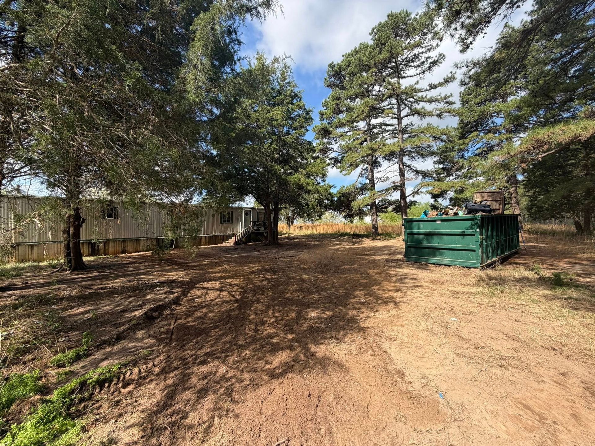 Wooded yard with dirt ground, tall trees, and a green dumpster on the right.