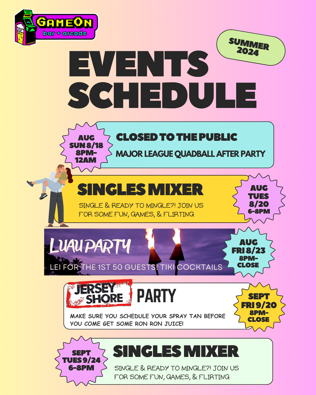 A poster with a schedule of events including singles mixer and singles mixer