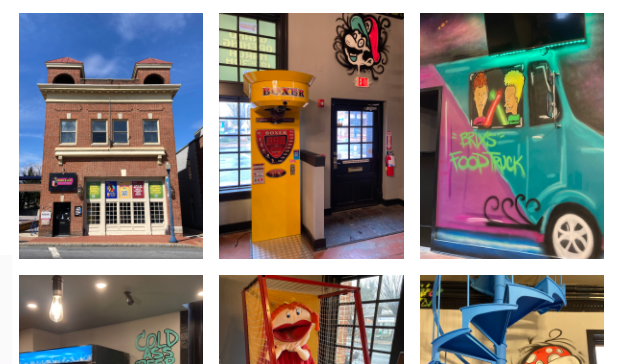 A collage of pictures of buildings and vehicles including a food truck