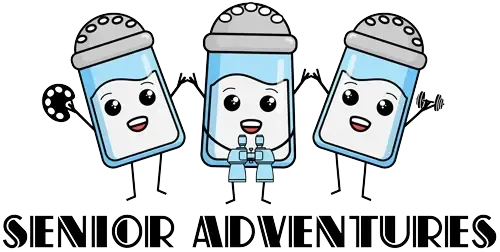 A logo for senior adventures with three salt and pepper shakers holding hands.