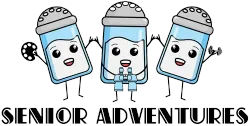 A logo for senior adventures with three salt and pepper shakers holding hands.