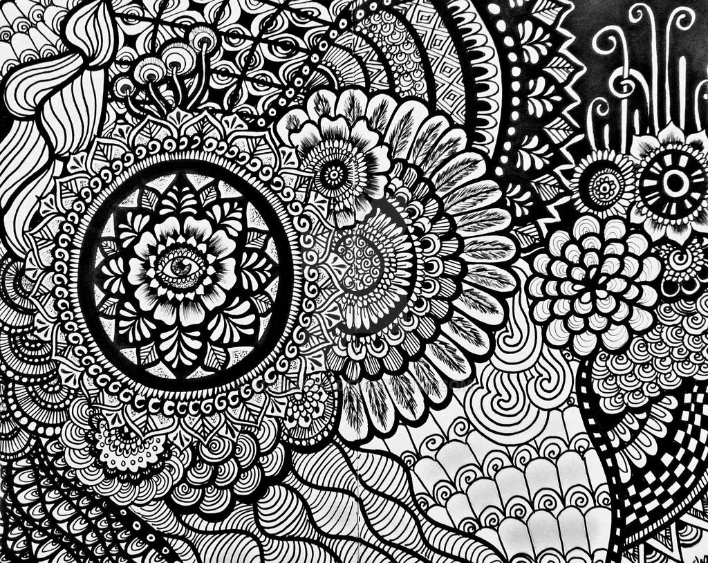 A black and white drawing of a floral pattern with a circle in the middle.