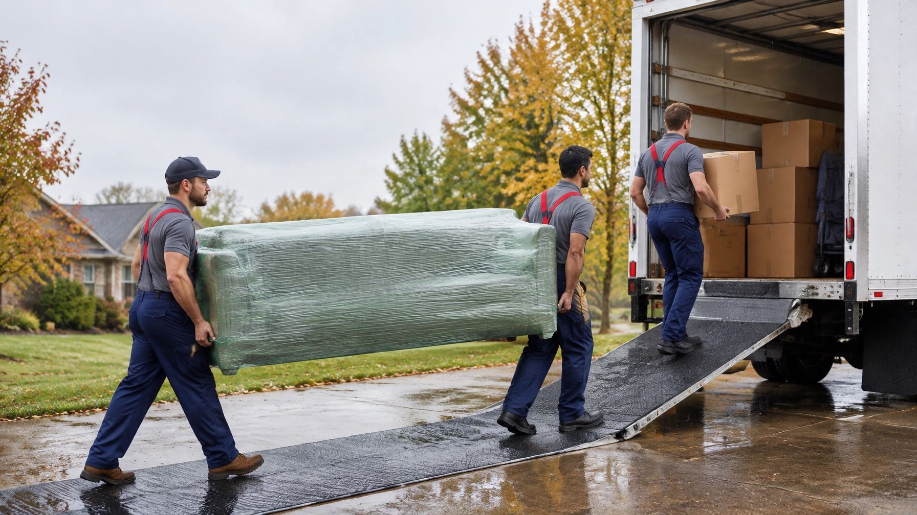 Three movers carrying a wrapped couch up a ramp into a truck on a wet street.