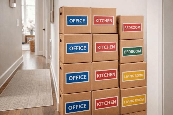 Color-coded and neatly organized moving boxes prepared for efficient relocation.