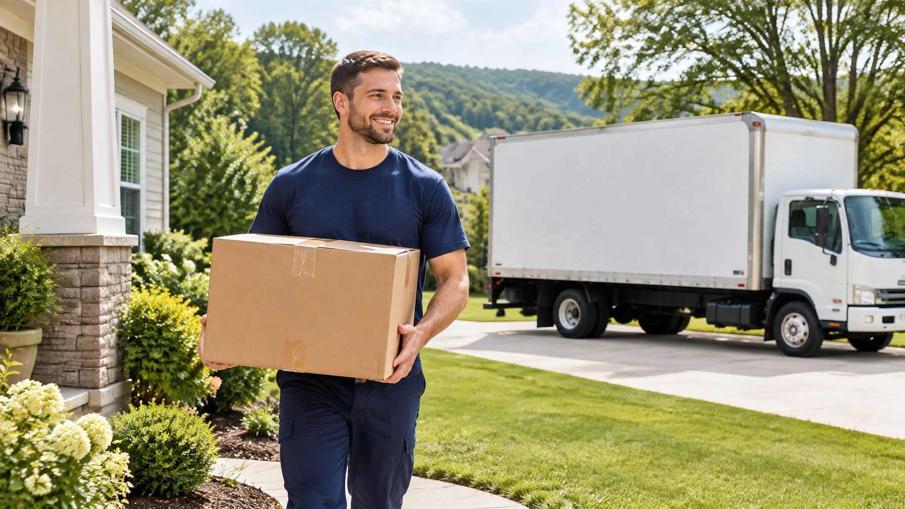 Delivery worker carrying a cardboard box near a home, with a box truck in the driveway.