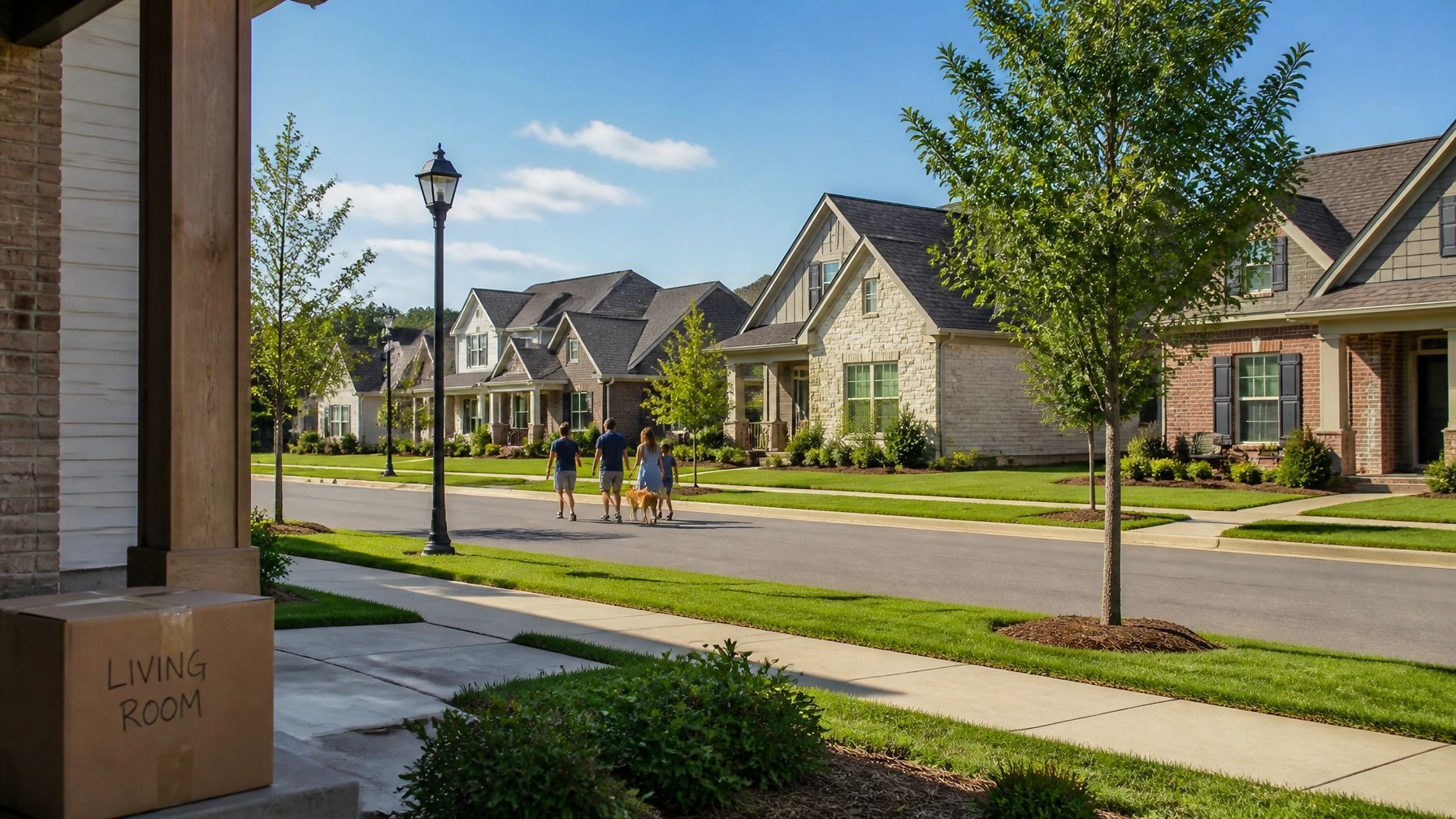 Suburban neighborhood street with houses, trees, sidewalk, and two people walking in the distance