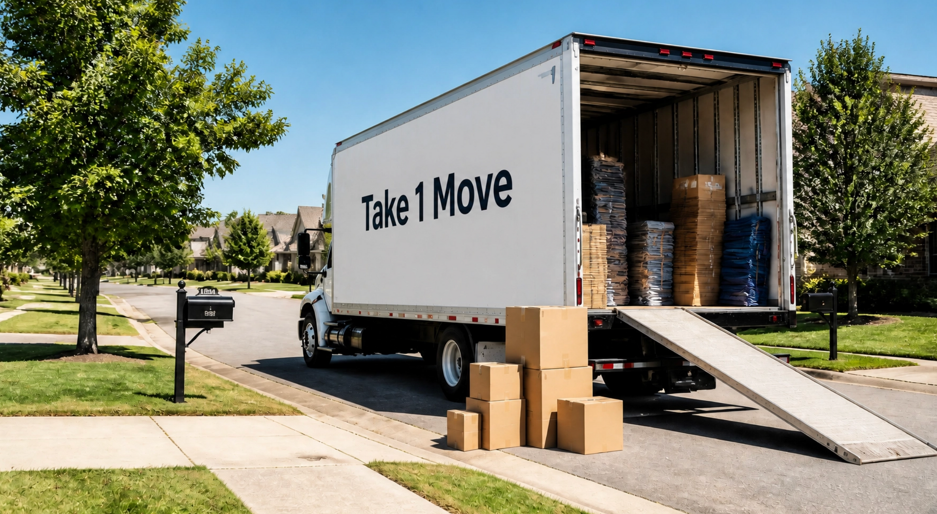 Moving truck with ramp unloading boxes and furniture in a suburban driveway
