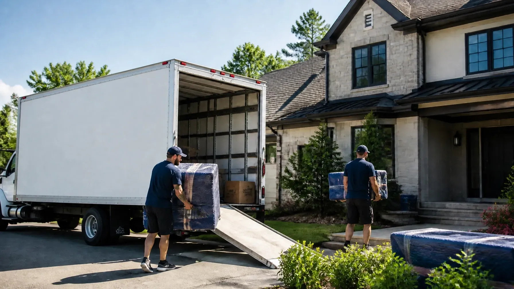 Movers unloading a large box truck outside a suburban house with a ramp to the driveway