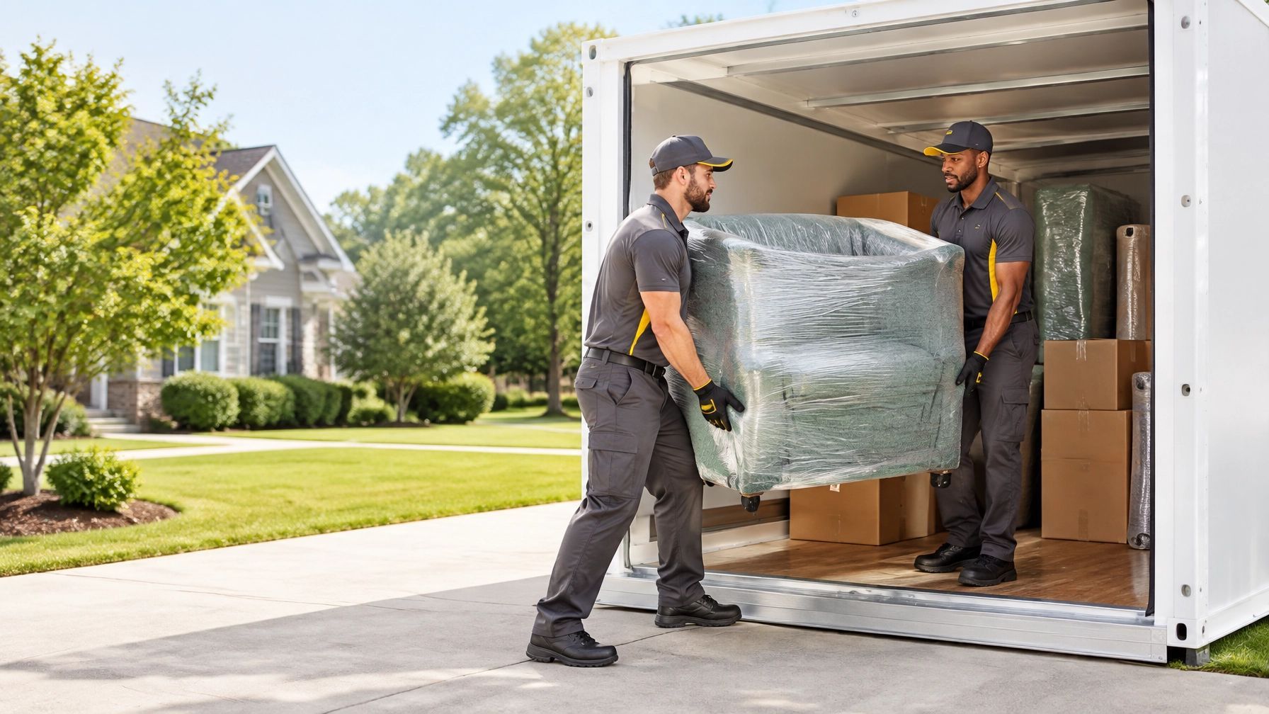 Two movers load a wrapped couch into a moving truck in a suburban driveway.