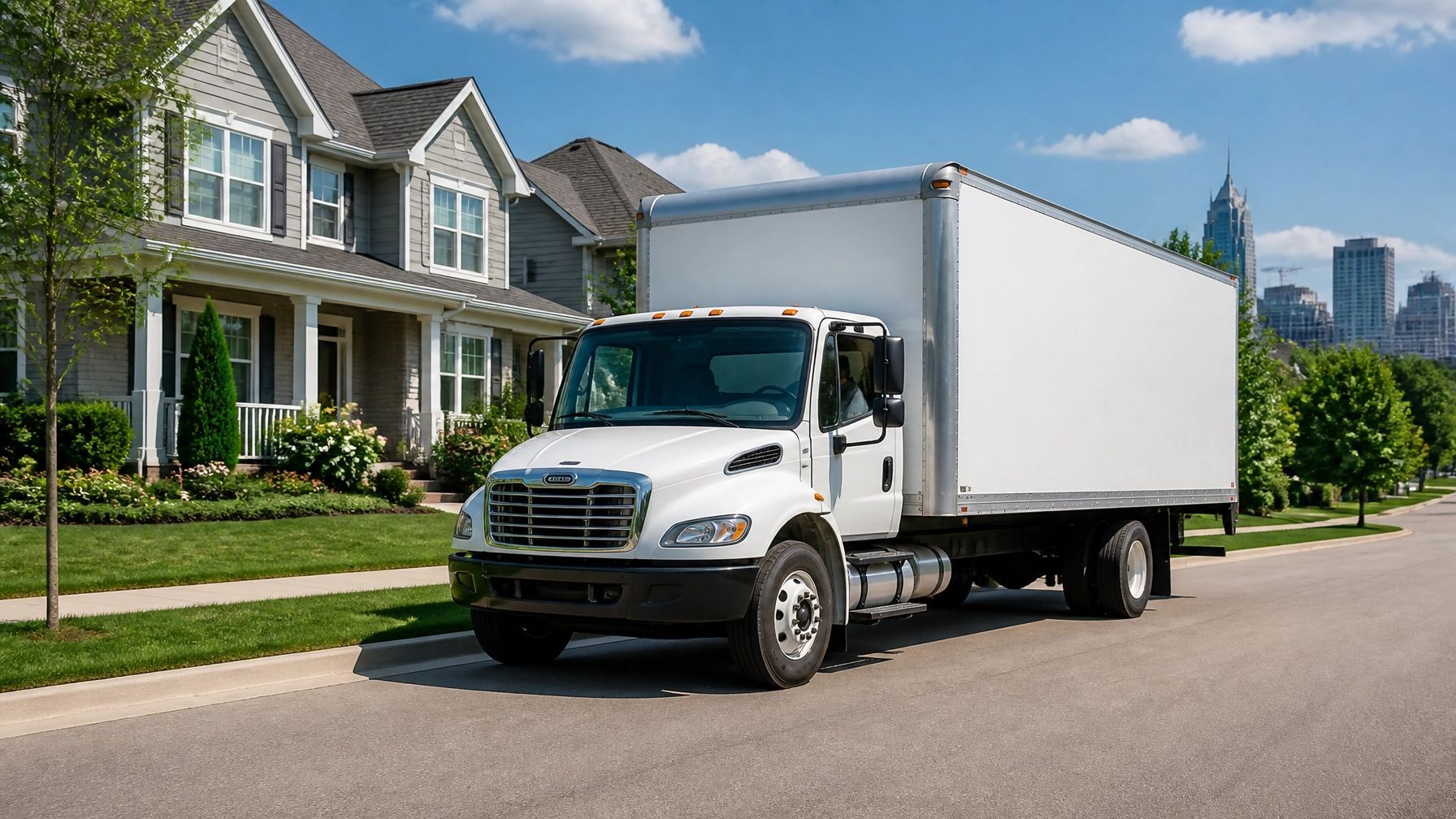 White box truck parked on a suburban street in front of houses on a sunny day