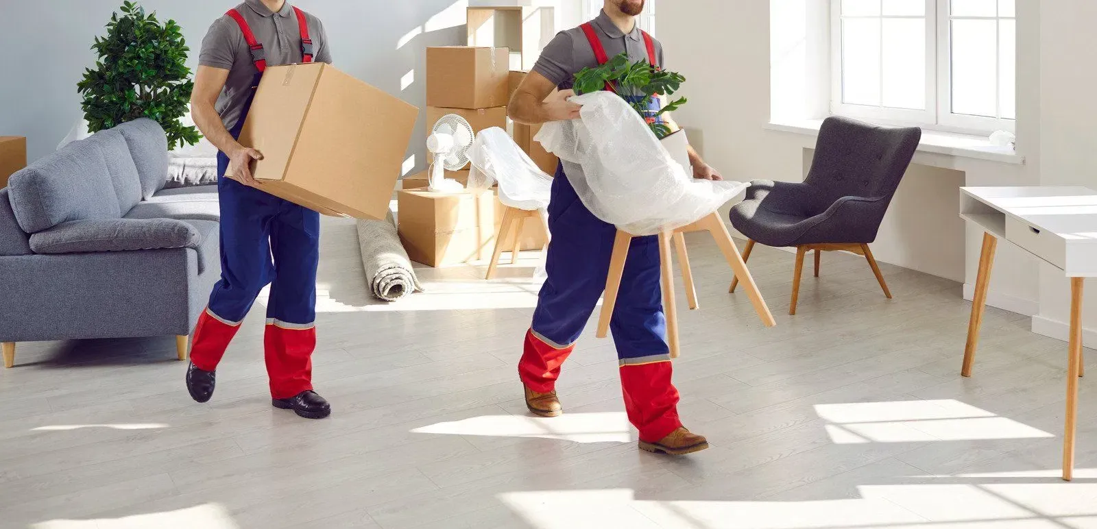 Two movers carrying boxes in a bright living room with a sofa, chair, and table.