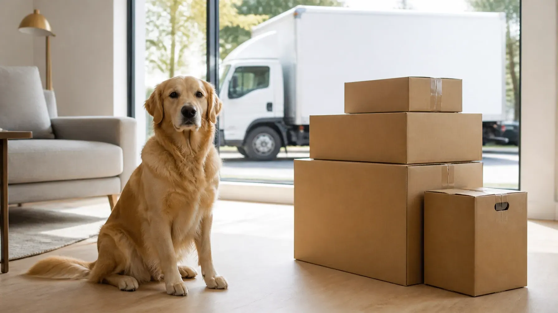 Golden retriever sits beside stacked moving boxes in a living room, with a delivery truck outside.