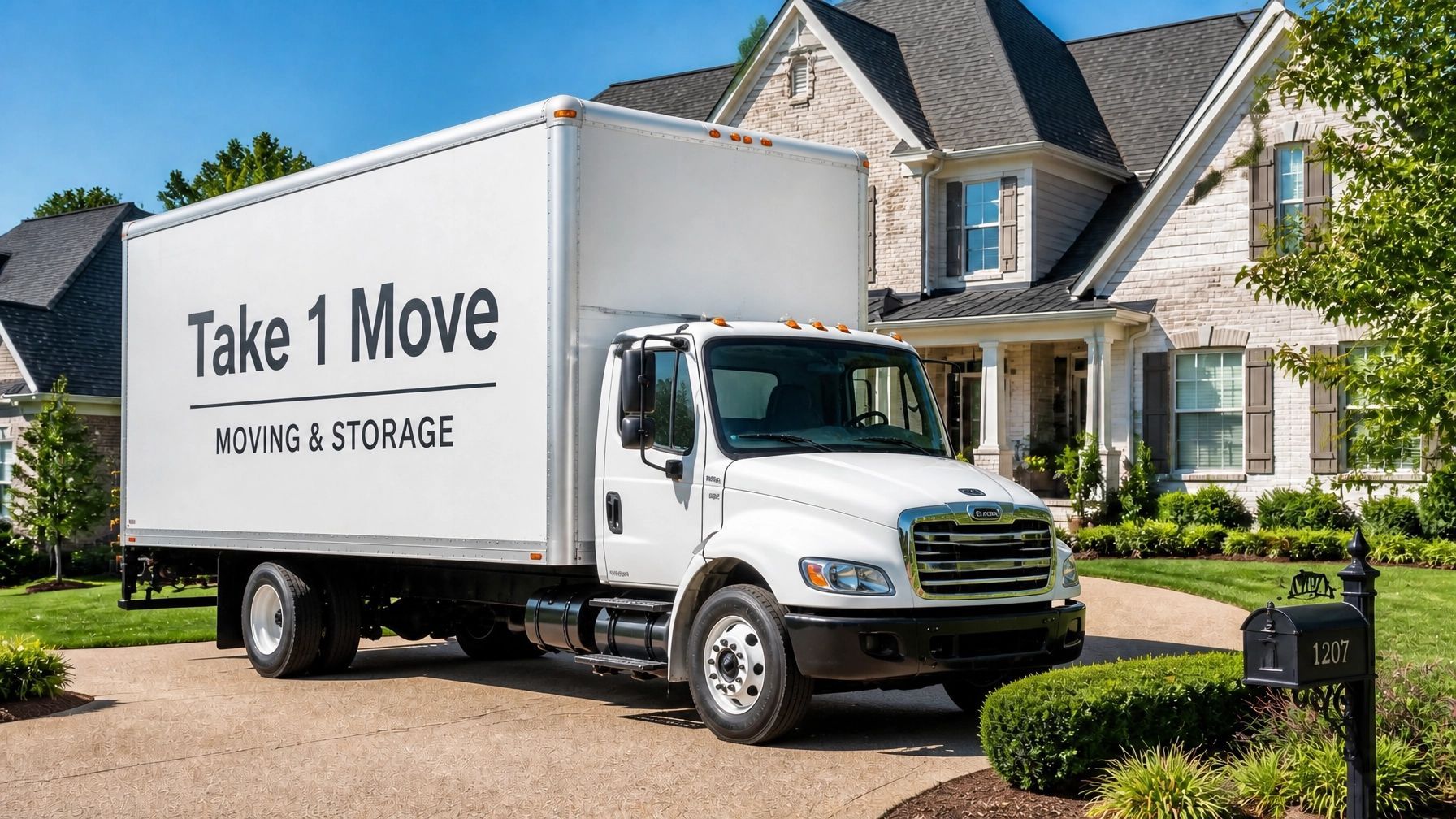 Moving truck with open back and ramp unloading boxes outside a suburban house