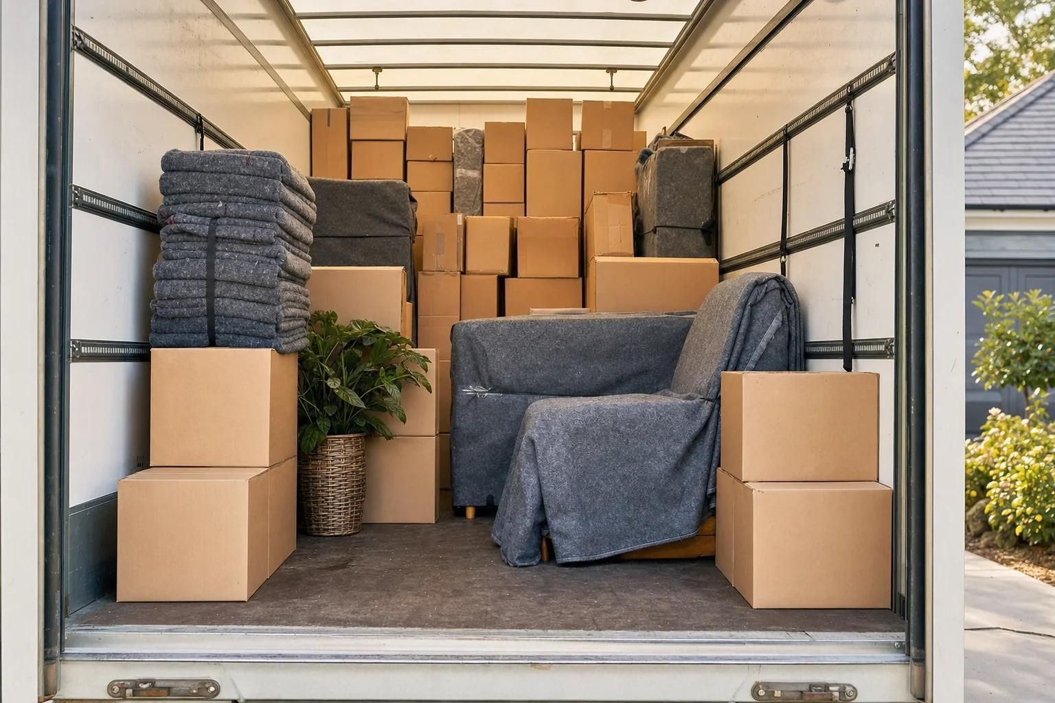 An expertly packed moving truck interior showcasing meticulous wrapping and organization.