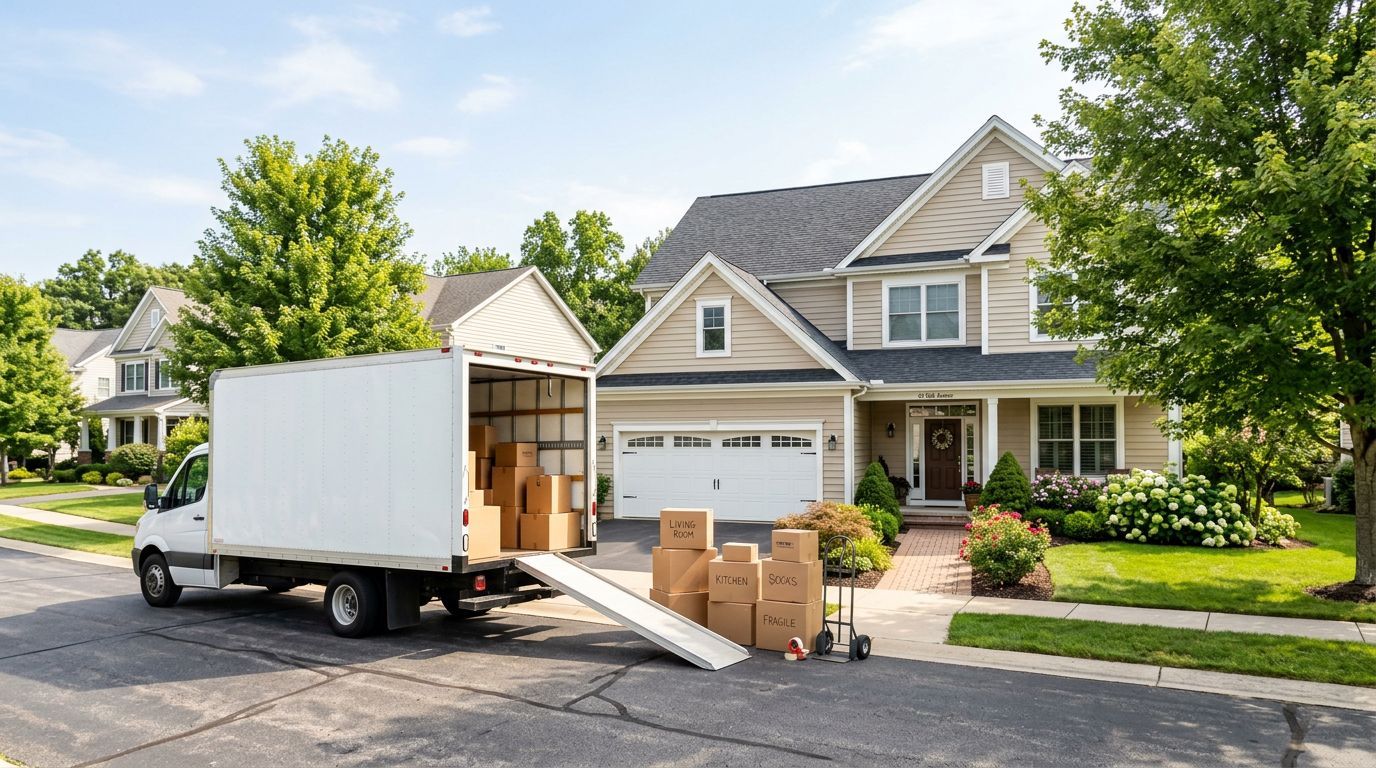 A professional moving truck ready for loading at a suburban residence.