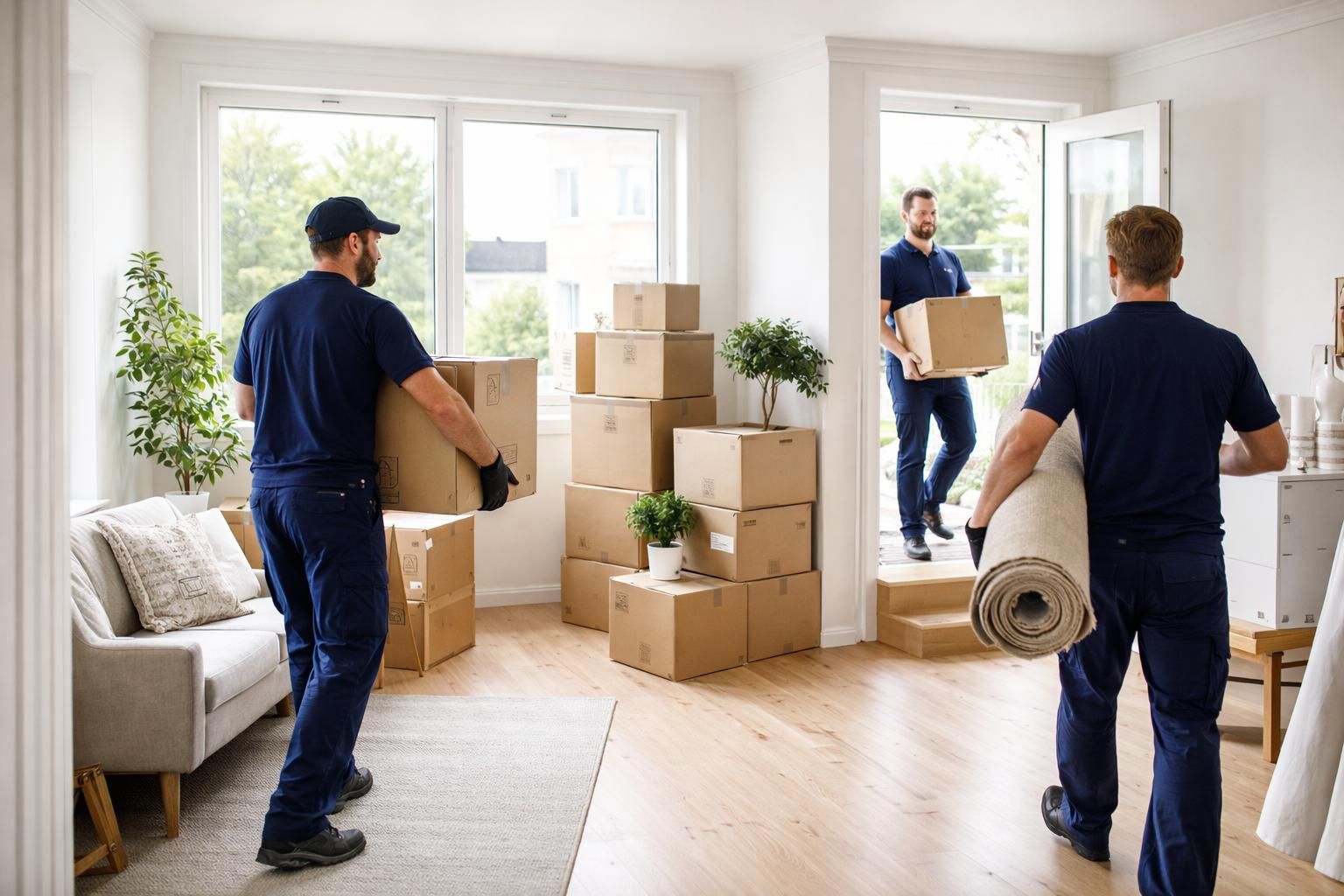 Professional movers systematically handling and organizing boxes in a residential space