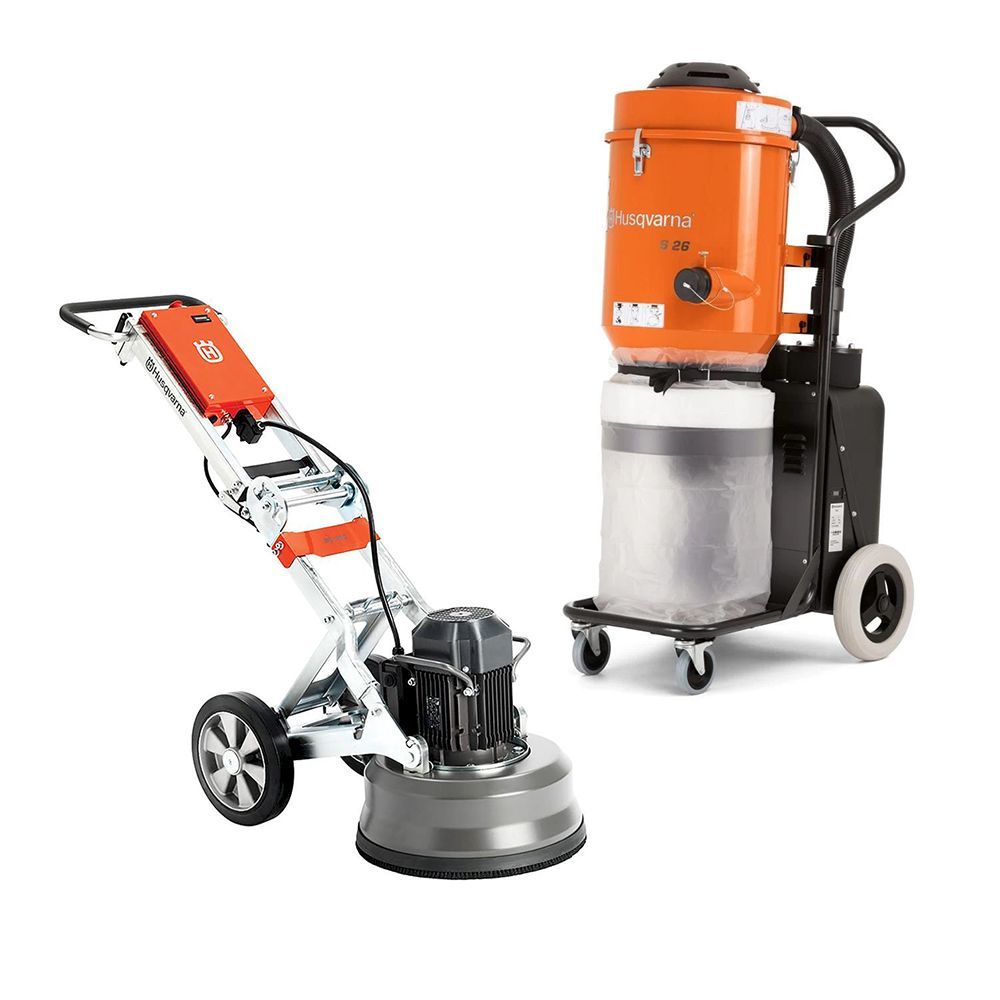 Two floor polishers: one handheld with a silver disc, one orange upright vacuum on wheels