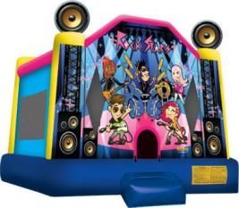 Colorful inflatable stage with cartoon performers, big speakers, and bright pink, blue, and yellow accents - Bowen Hire in Bowen, QLD