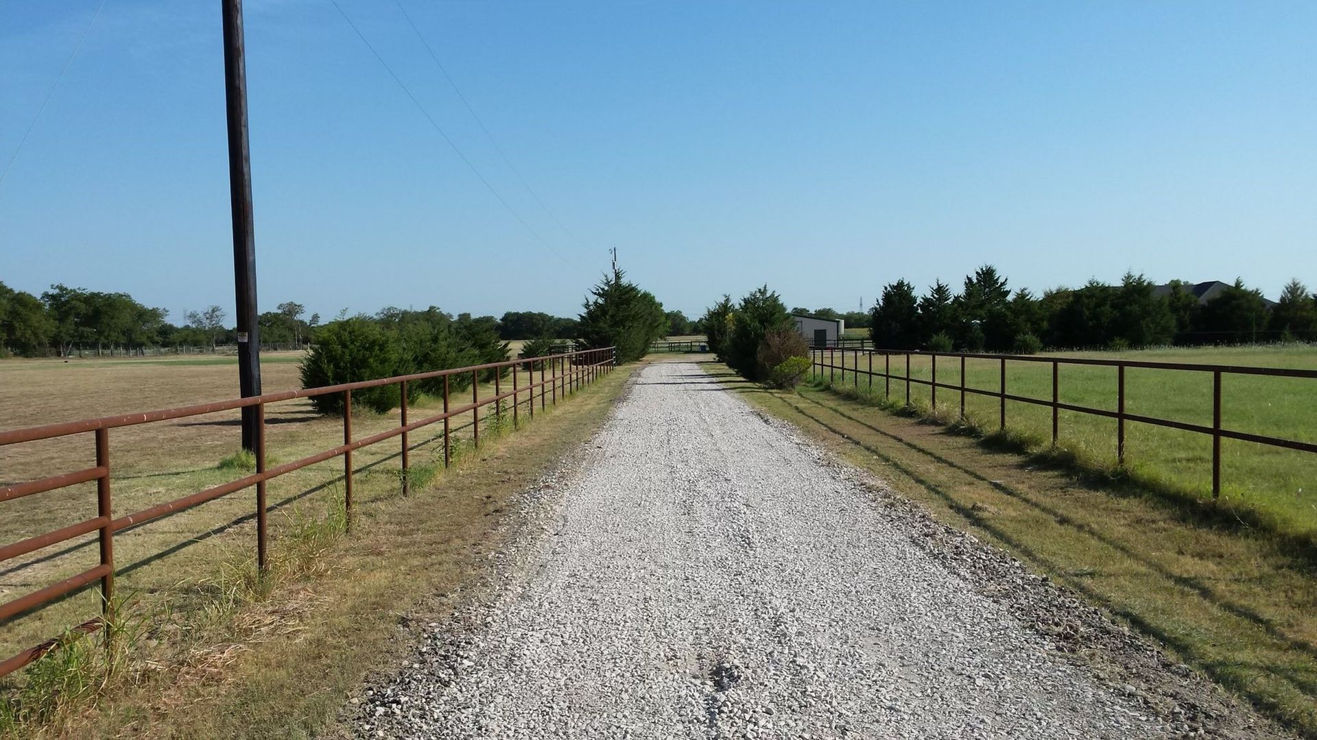 Gravel driveway between fenced fields leading to distant trees under a clear blue sky
