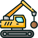 Yellow excavator with raised arm lifting a brown ball on a hook