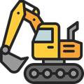 Yellow excavator with black tracks and raised bucket, shown in side view on a white background