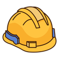 Yellow hard hat with blue side straps, shown in a simple icon style.