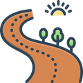 Winding orange road with trees and a sun icon above on a white background