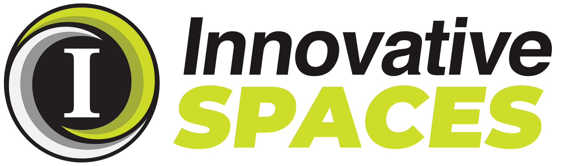 A logo for innovative spaces with a yellow circle in the middle.