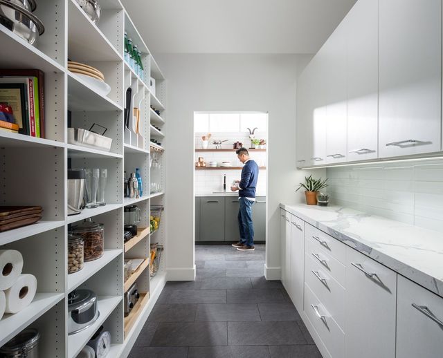 Bright walk-in pantry with shelves and white cabinets; a person stands by the window at the far end.