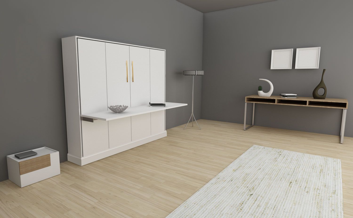 A living room with a wall mounted bed , a desk , and a rug.