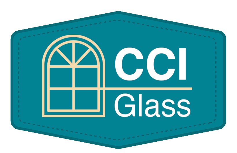 CCI Glass logo on a teal badge with an arched window icon and white text