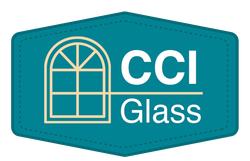 CCI Glass logo on a teal badge with an arched window icon and white text