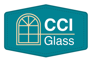 CCI Glass logo on a teal badge with an arched window icon and white text