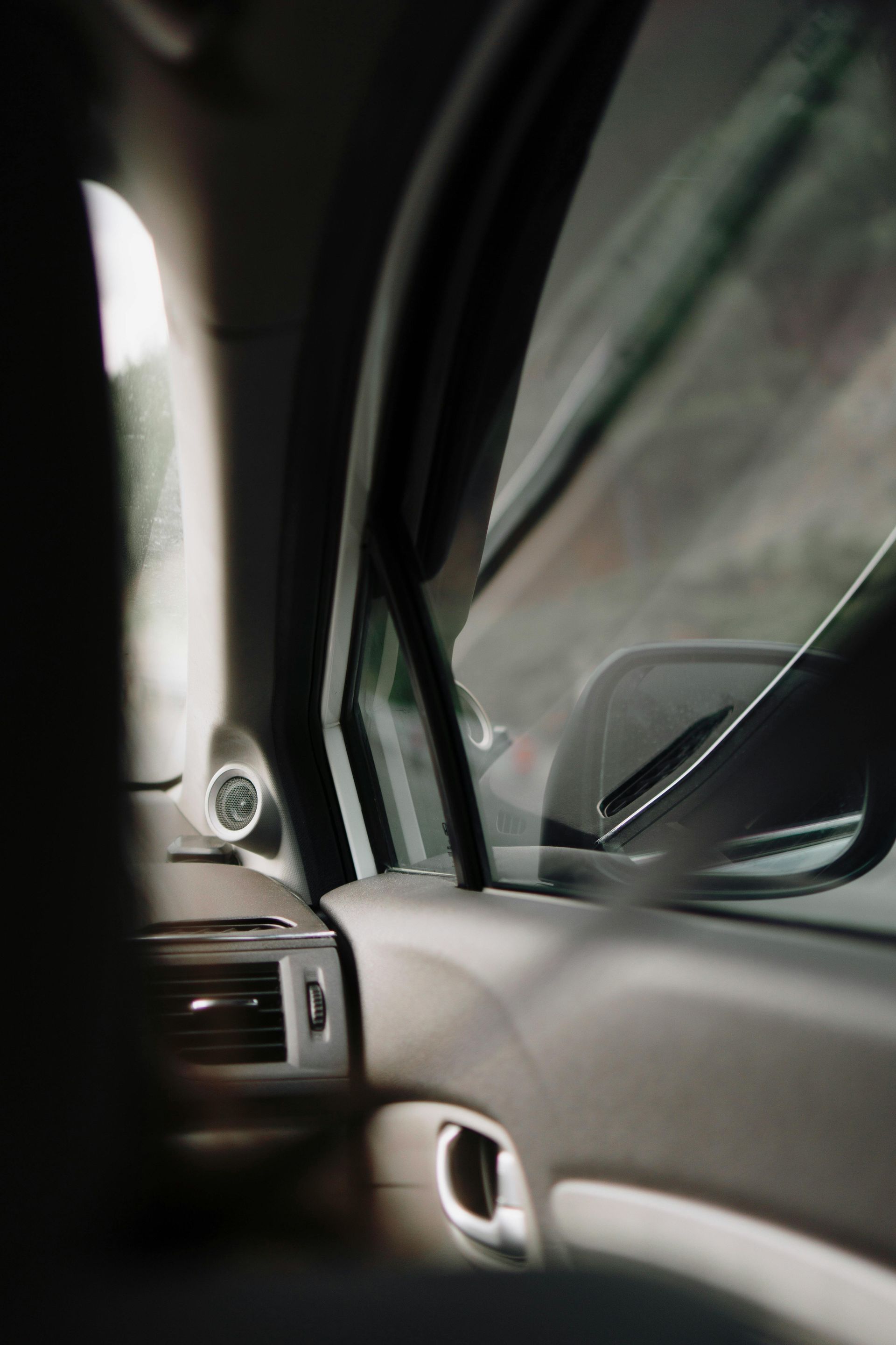Inside a car, view of the side window, door panel, and side mirror in muted gray tones